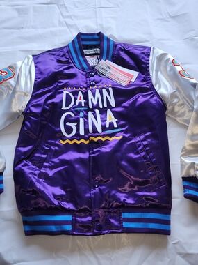 Nostalgia Purple Satin Bomber Jacket with Silver Sleeves